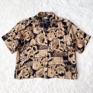 VTG Tommy Bahama Woman Brown Tropical Tribal Button-Up Crop Relax Fit Shirt 90s